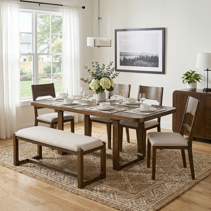 Merax Extendable Dining Table Set with 6 Seats, Solid Wood Construction, Padded Seating image number 2