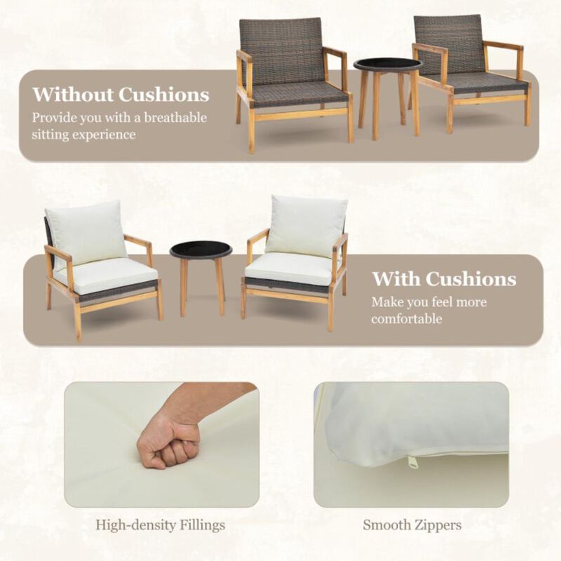 Hivvago 3 Pieces Patio Furniture Set with Cushioned Chairs and Tempered Glass Side Table