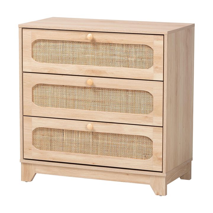 Baxton Studio Elsbeth Japandi Oak Finished Wood and Natural Rattan 3 Drawer Storage Cabinet