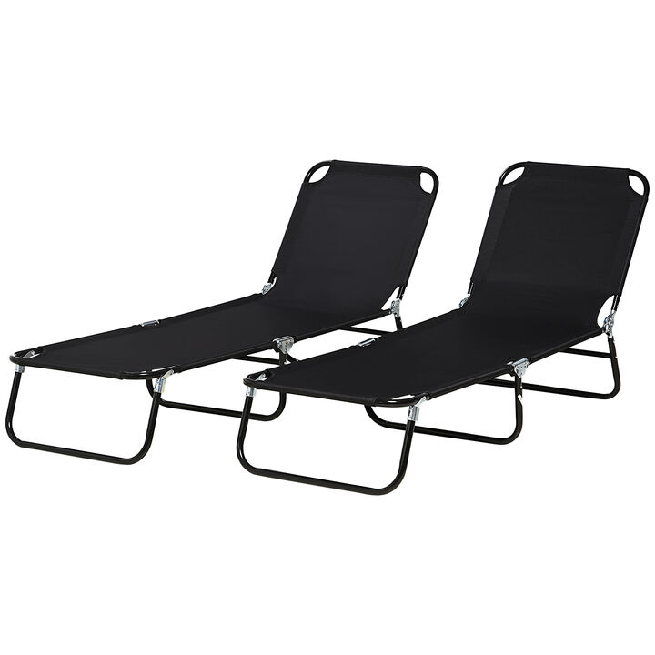 Outsunny 2 Piece Folding Chaise Lounge Pool Chair, Outdoor Sun Tanning Chair with Pillow, 5-Level Reclining Back, Steel Frame & Breathable Mesh for Beach, Yard, Patio, Black
