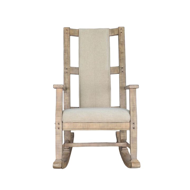 Rena Rocking Chair, Cushion Seat and Back, Brown Mahogany Mindy Wood - Benzara