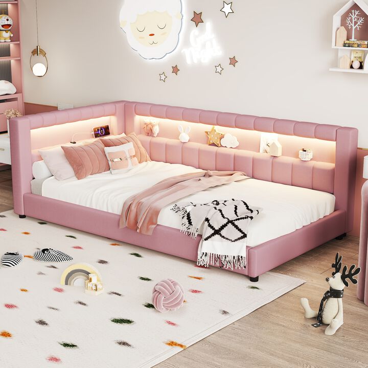 Merax Upholstered Platform Bed with LED Light Strip & USB Charging Port
