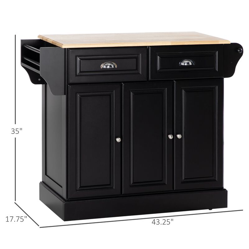 Black Culinary Aid: Kitchen Island on Wheels with Rubber Wood Top