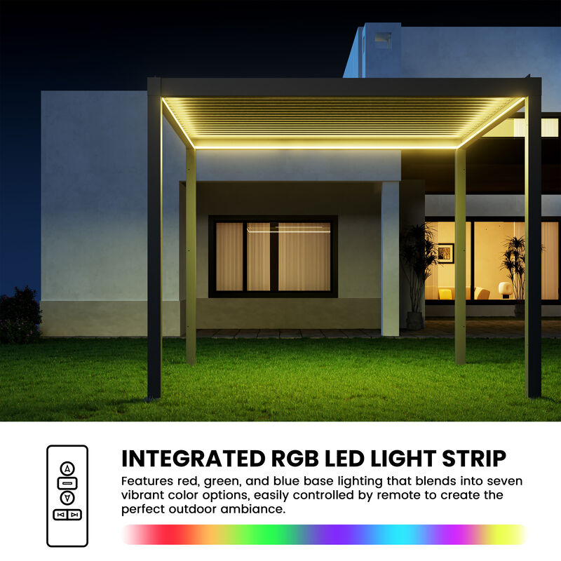 Mondawe 10x10FT Electric Aluminum Louver Pergola with Integrated LED Lights and Smart Solar Rain Sensor - Gray image number 8