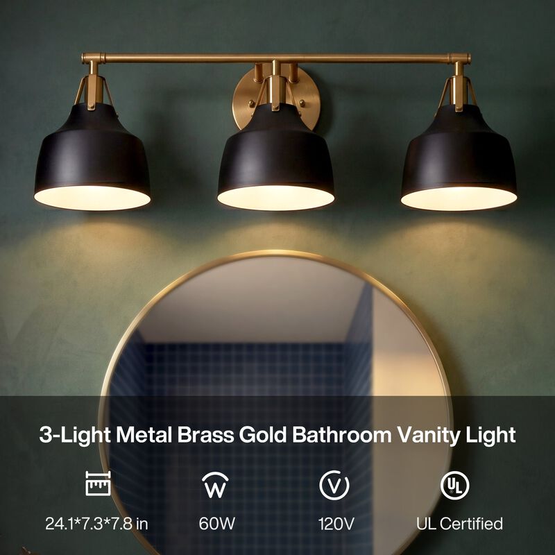 Black and Gold Bathroom Vanity Light, Three-Light Metal Bell Shades image number 6