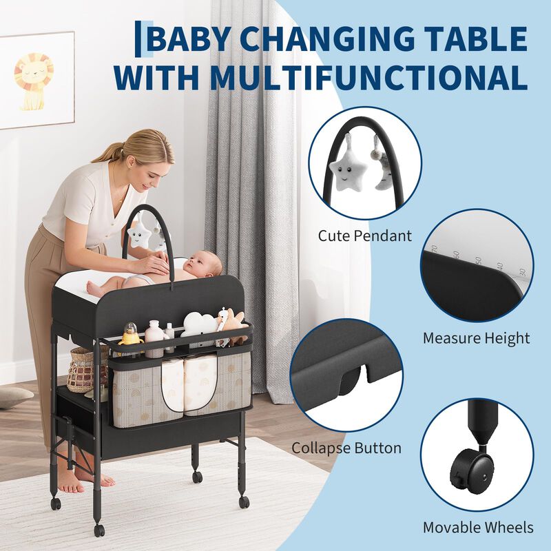 Portable Adjustable Baby Changing Table &ndash; Foldable Mobile Diaper Station with Wheels, 2 Drawers & Waterproof Top image number 1