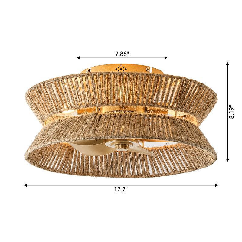 17.7" Bohemian Hemp Rope Antique Gold Caged Ceiling Fan with Light and Remote image number 5