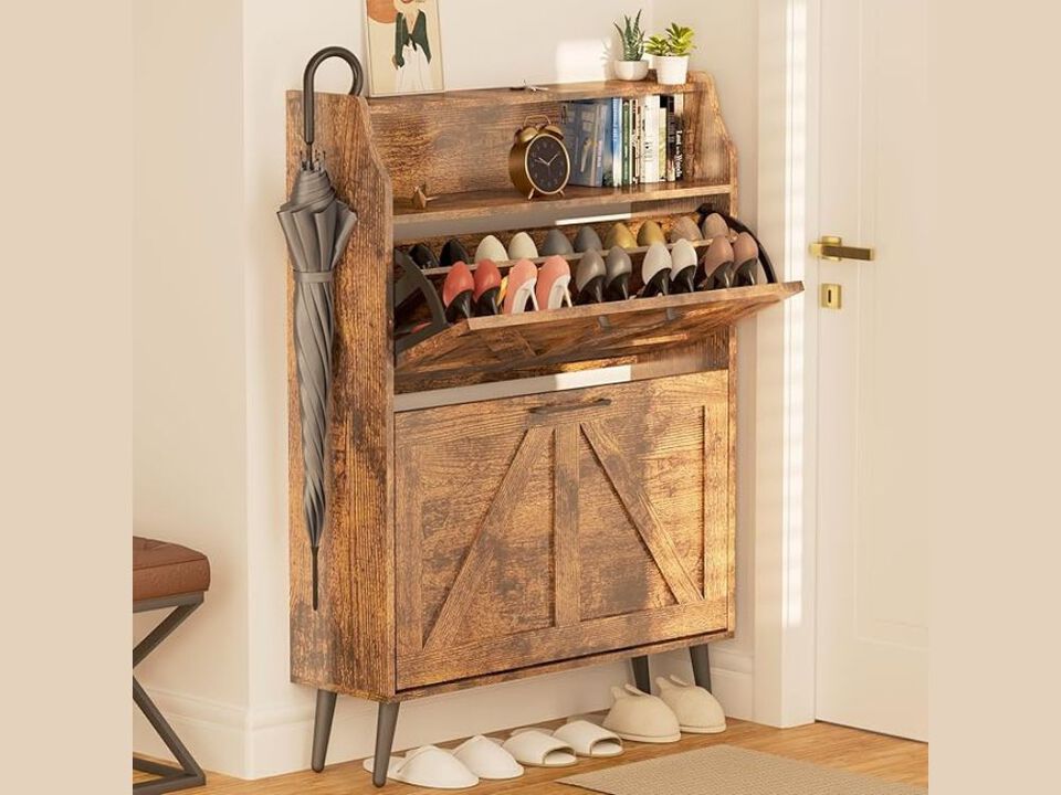 Slim Entryway Wood Shoe Storage Cabinet Flip Drawer 35 Inch
