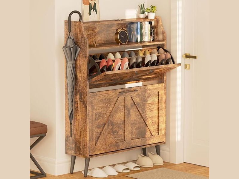 Slim Entryway Wood Shoe Storage Cabinet Flip Drawer 35 Inch image number 1