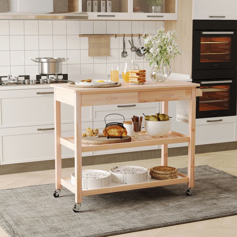 Movable Kitchen Cart, 36" Kitchen Cart Island, Rolling Kitchen Island Cart Utility Serving Cart with 2 Drawers, Burlywood