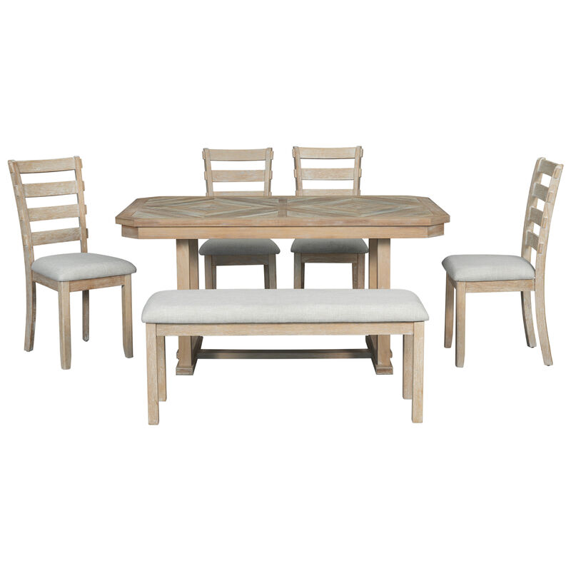 Whisen 6-Piece Rubber Wood Dining Table Set with 4 Chair and 1 Bench - Natural Wood Wash