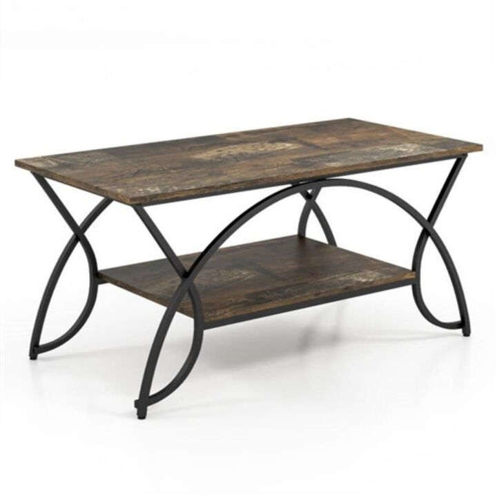 Farmhouse-Inspired 2-Tier Wood Coffee Table with Curved Metal Accents