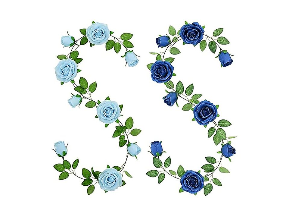 2Pack Mixed Blue Artificial Rose Flower Garland 13 Ft Fake Vine Table Wall Decor