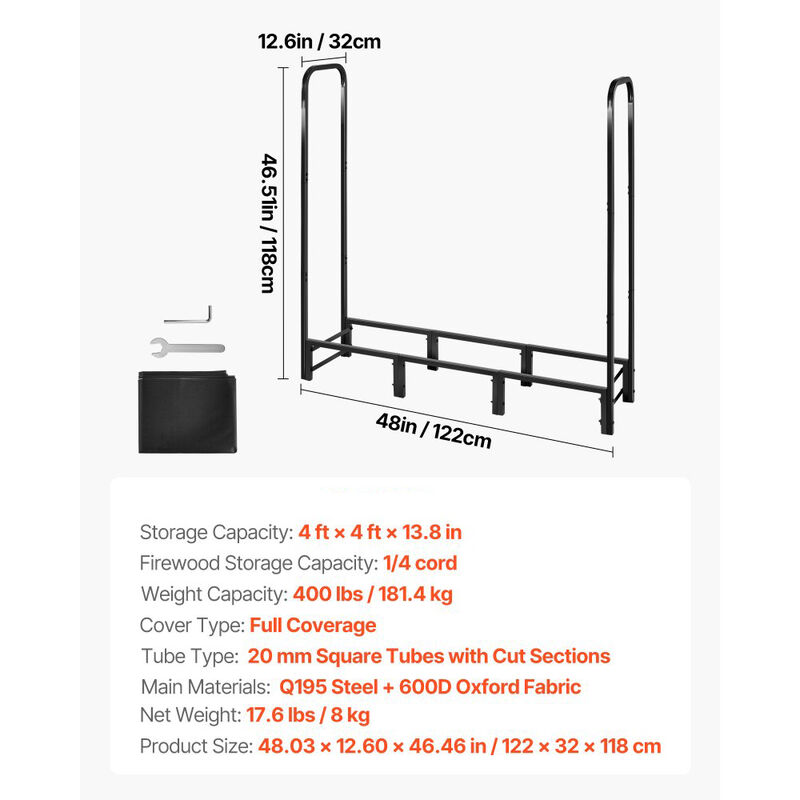Steel Firewood Rack with Waterproof Cover, Outdoor Wood Storage for Fireplace-Black image number 2