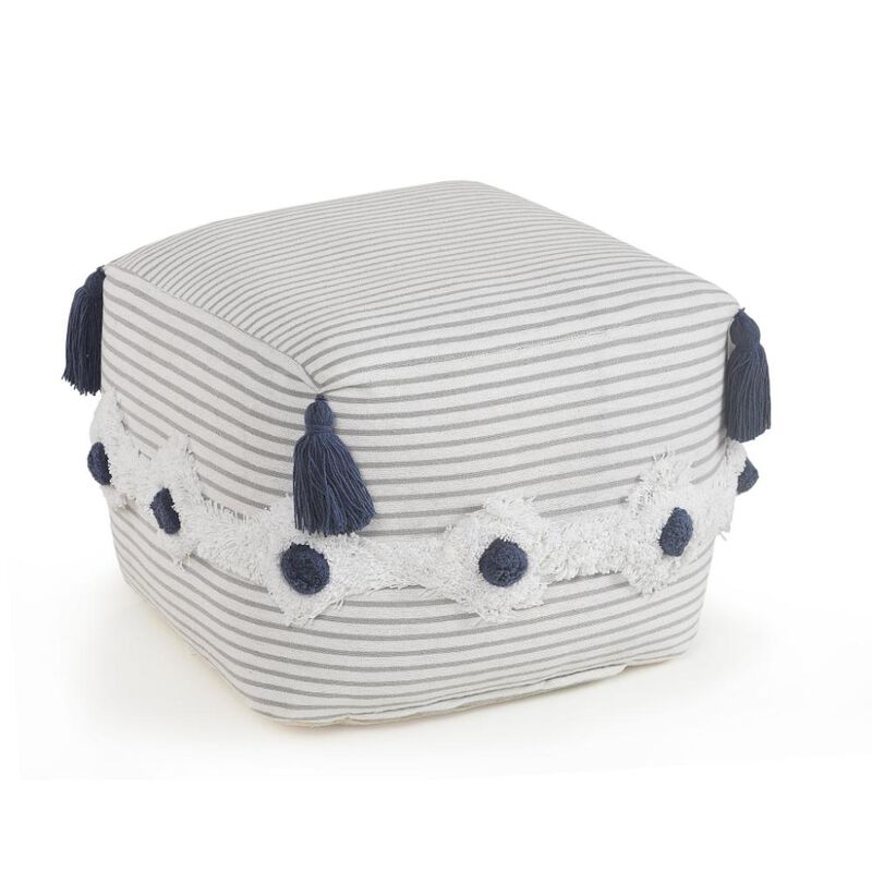 Hivvago 18 Inch Gray Cotton Striped Pouf Ottoman