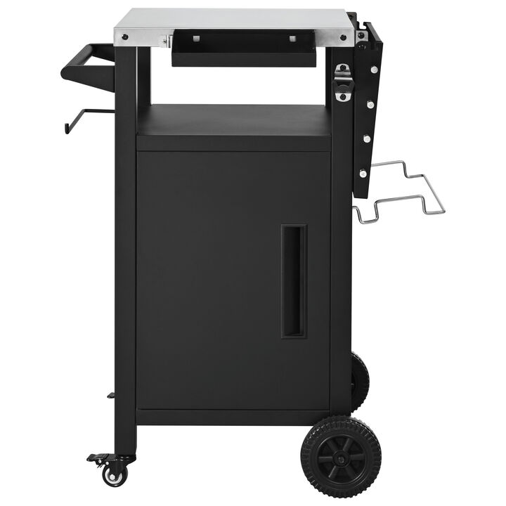 Whisen 33.9" Outdoor Grill Cart with Foldable Side Table, Removable Spice Rack, Wheels & Storage, Stainless Steel & Metal for BBQ Prep & Garden