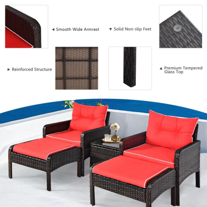 Hivvago 5 Pieces Patio Rattan Sofa Ottoman Furniture Set with Cushions