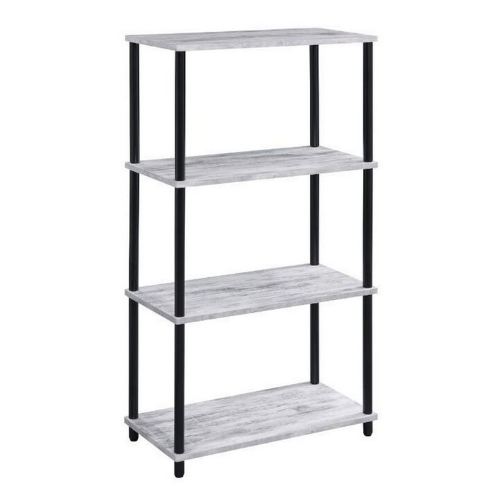4 Tier Design Bookshelf with Metal Tubular Legs, Antique White - Benzara