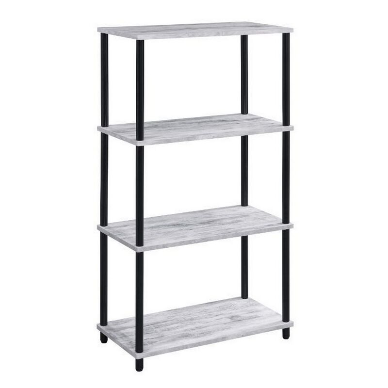 4 Tier Design Bookshelf with Metal Tubular Legs, Antique White - Benzara