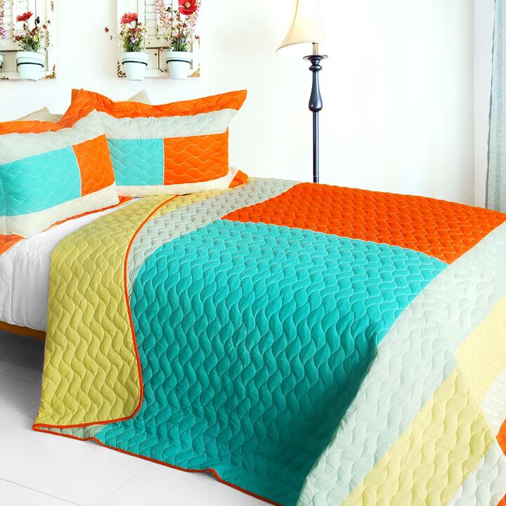 Luxury Vermicelli Quilted Reversible Quilt Set, Soft Durable 3 Piece Bedding-Blue