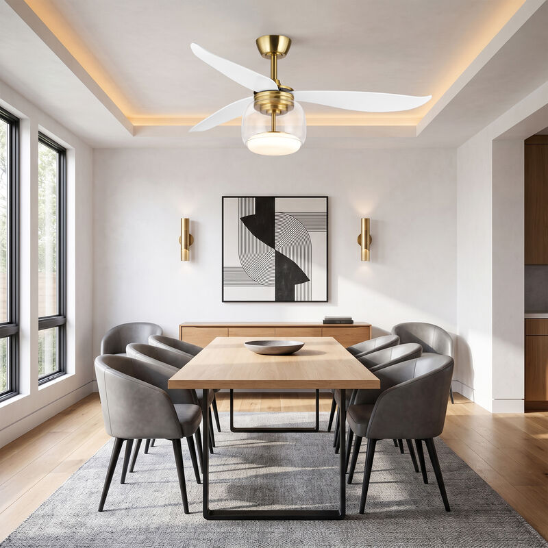 52" Modern Antique Brass Clear Glass Reversible DC Dimmable Ceiling Fan with Light and Remote image number 2