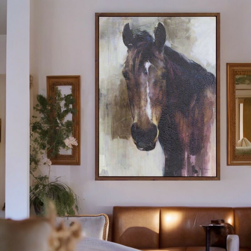 Horse Canvas Painting with Wood Frame &ndash; Rustic Equestrian Art for Home, Living Room, and Office