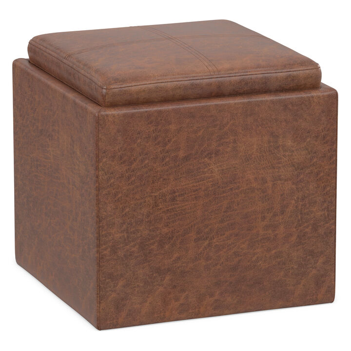 Rockwood 17 inch Wide Contemporary Square Cube Storage Ottoman with Tray in Distressed Saddle Brown Vegan Faux Leather, Assembled