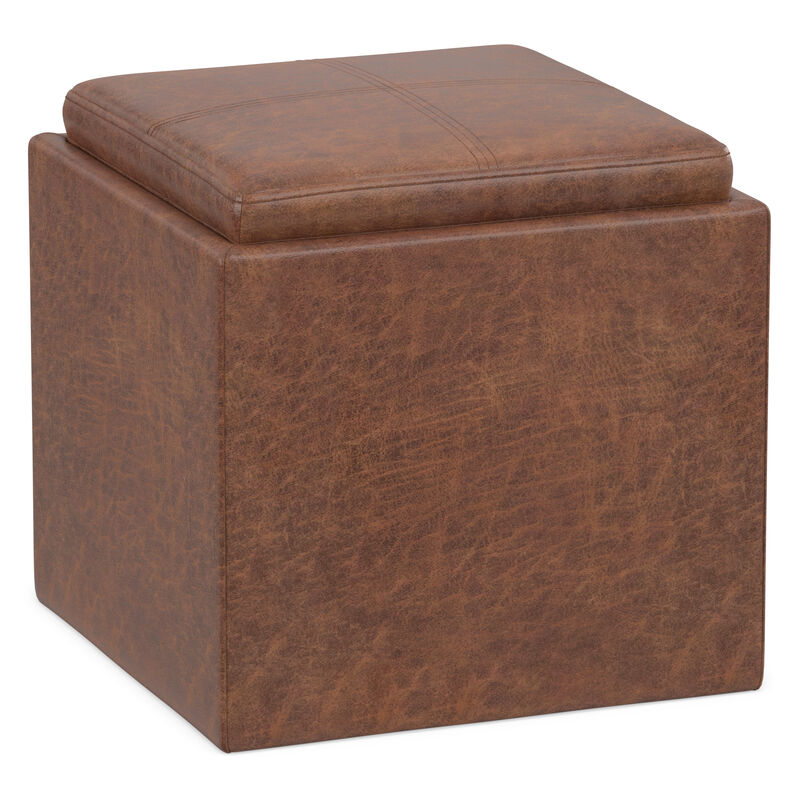 Rockwood 17 inch Wide Contemporary Square Cube Storage Ottoman with Tray in Distressed Saddle Brown Vegan Faux Leather, Assembled image number 0