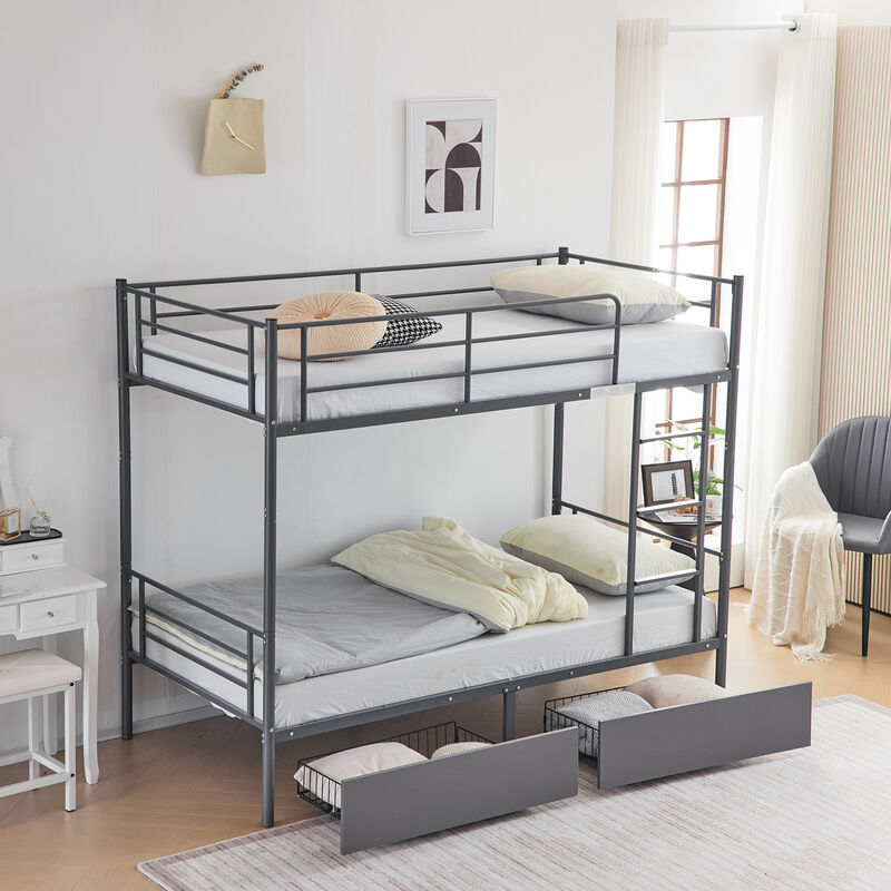 Space-Saving Convertible Bunk Bed with Metal Frame and Two Drawers