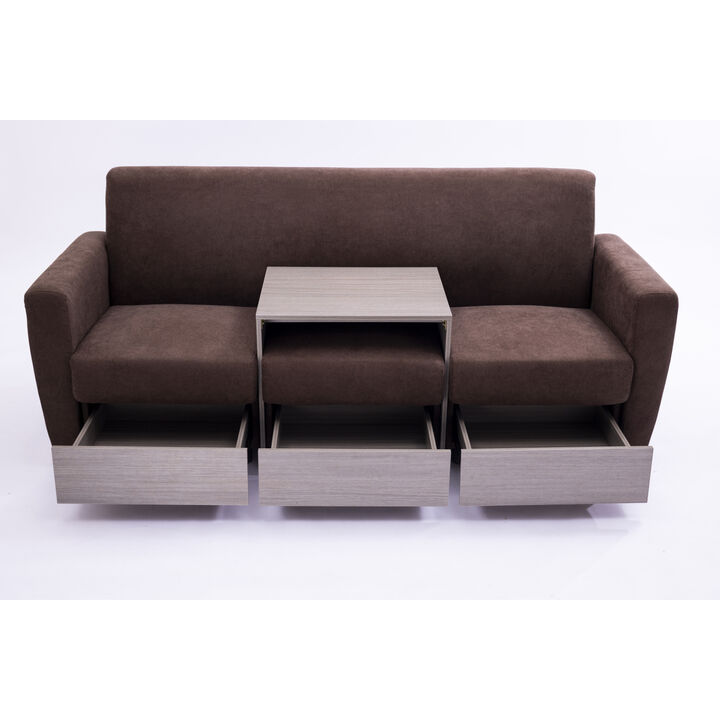 double armrests with coffee table and drawers 77.9" brown chenille living room apartment studio sofa