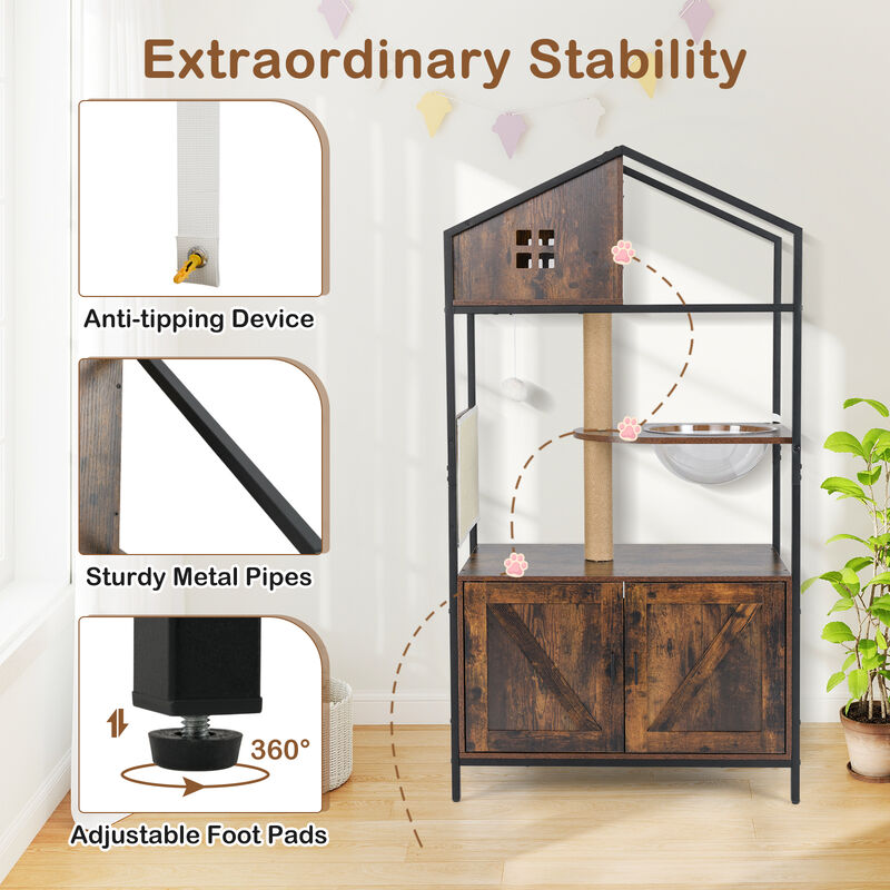 Industrial Indoor Cat Condo with Litter Box &ndash; Multi-Level Cat Tree Furniture - Rustic Brown image number 5