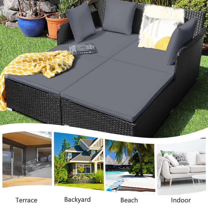 Mondawe Spacious Outdoor Rattan Daybed with Upholstered Cushions and Pillows