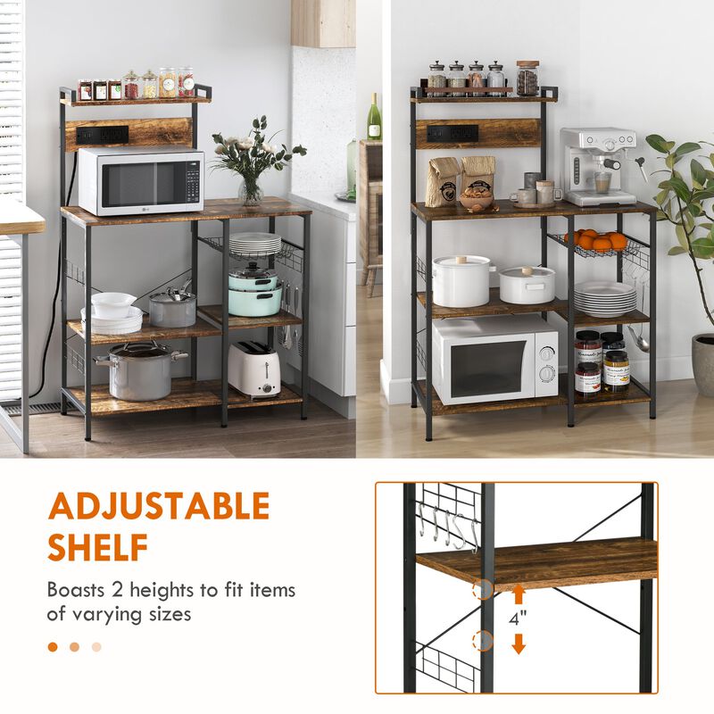 Kitchen Bakers Storage Rack with Charge Station, Industrial Microwave Stand with Adjustable Shelf, 5 Hooks, Wire Basket