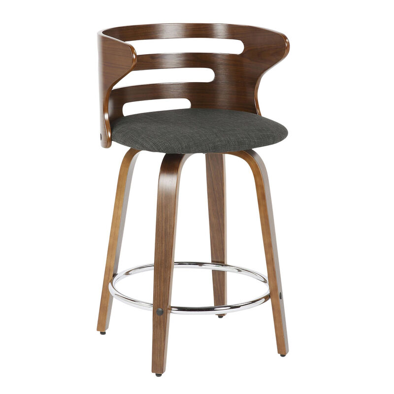 Lumisource Cosini Mid-Century Modern Counter Stool with Swivel in Walnut and Charcoal Fabric - Set of 2