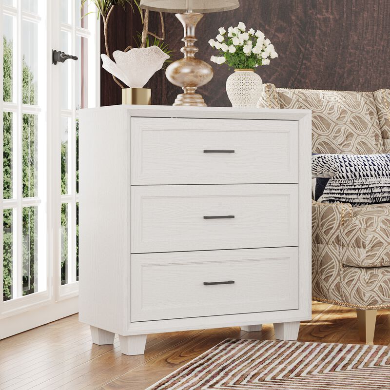 FUFU&GAGA Classic White Wood Grain Dresser Nightstand with 3-Tier Drawers, Black Pulls & Beveled Edge Design (34.4" Hx 31.4" W x 15.7" D)