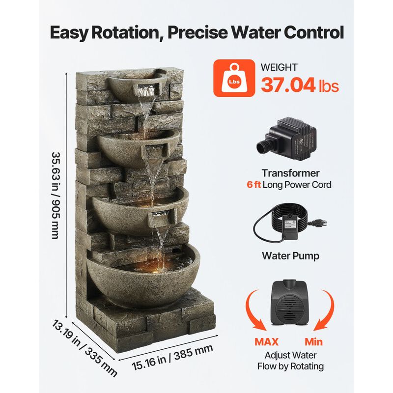 4-Tier Waterfall Fountain with Built-In LED Lights, Floor Standing Water Feature for Patio Garden-Concrete Grey image number 2