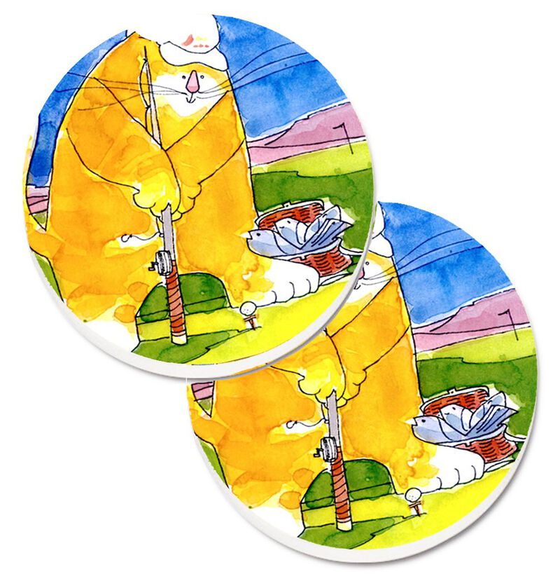 Caroline's Treasures Big Cat Golfing with A Fishing Pole Set of 2 Cup Holder Car Coasters 6105CARC, 2.56, Multicolor image number 0