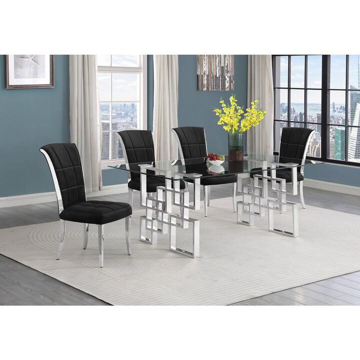 5-piece glam dining set with 4 black chairs and a 79" long glass  table