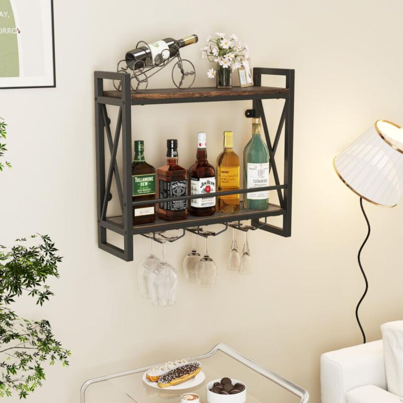 Hivvago Wall Mounted Wine Rack with 2-Tier Shelves and 3 Glass Holders