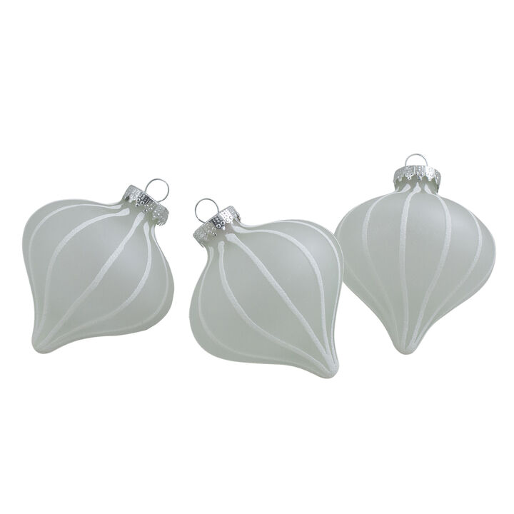 3ct Clear and White Matte Frosted Glitter Stripes Glass Christmas Onion Drop Ornaments 3.25" (75mm)
