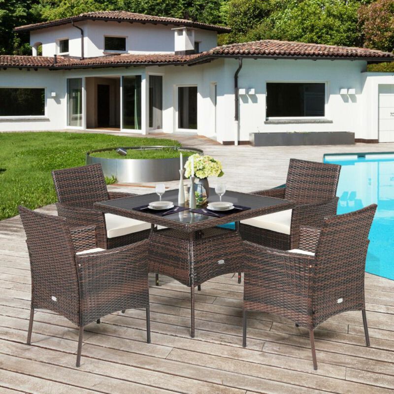 Hivvago 5-Piece Outdoor Wicker Dining Set with Tempered Glass Table and Ergonomic Armchairs