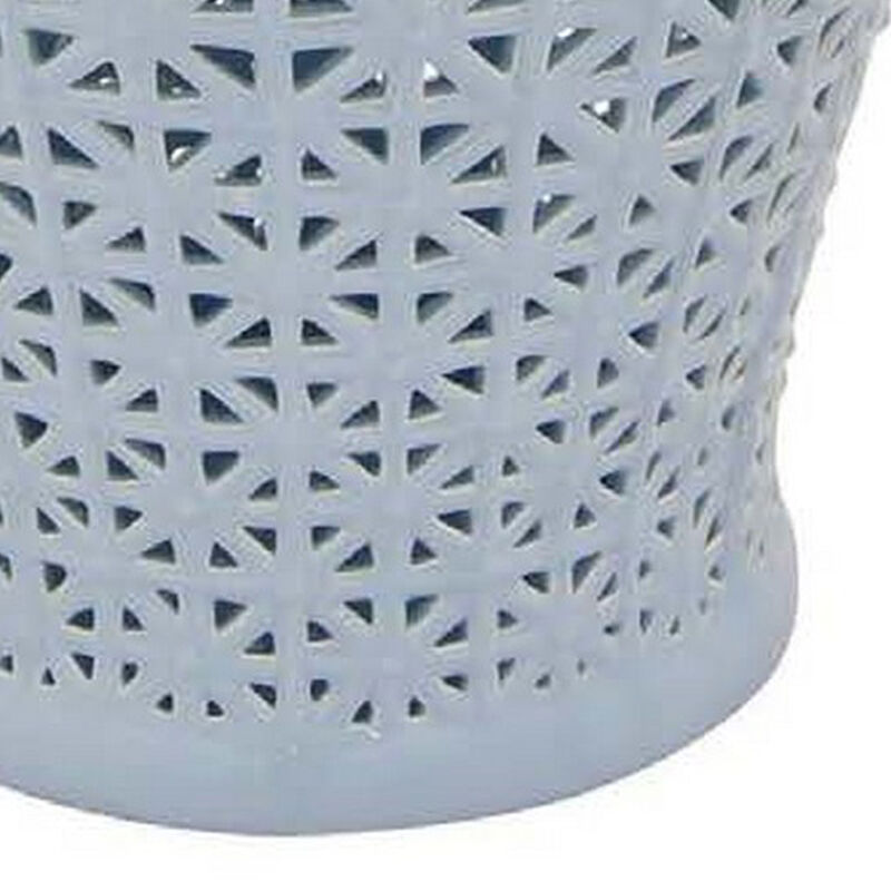 Deni 20 Inch Temple Jar, Ceramic Blue White Floral Cut Out Design with Lid - Benzara