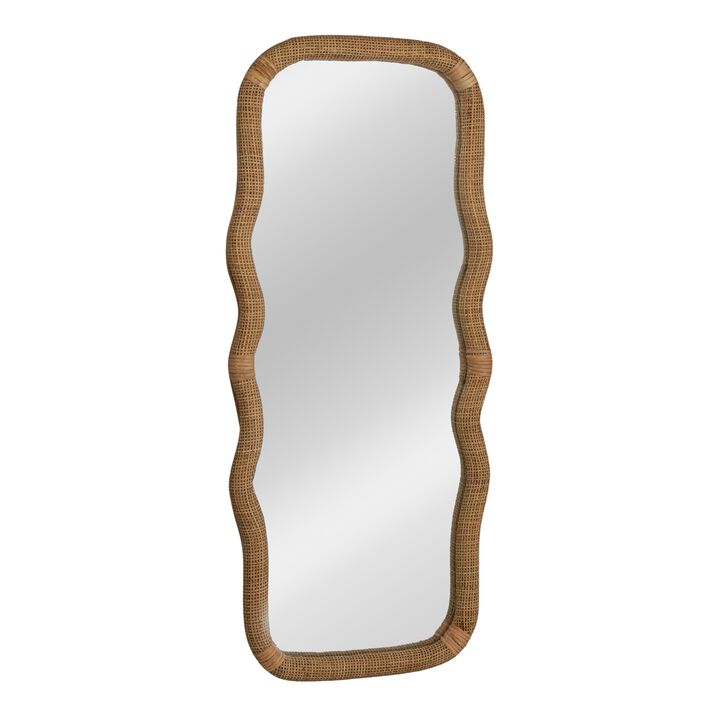 Wavy Rectangle Handwoven Rattan Cane Wall Mirror, Natural