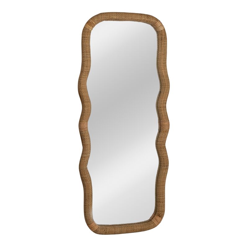 Wavy Rectangle Handwoven Rattan Cane Wall Mirror, Natural image number 0