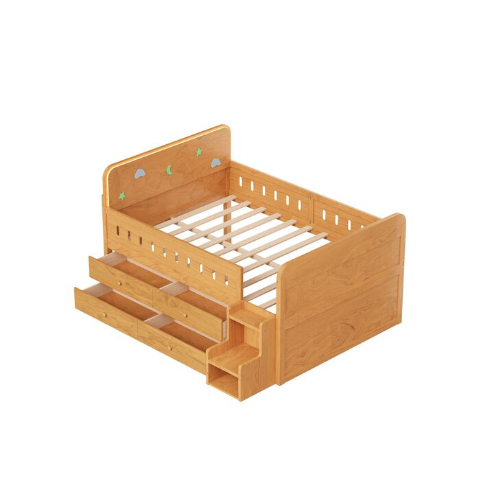 Merax Full-Size Wooden Kids Bunk Bed with Built-In LED Headboard 4 Under-Bed Storage Drawers