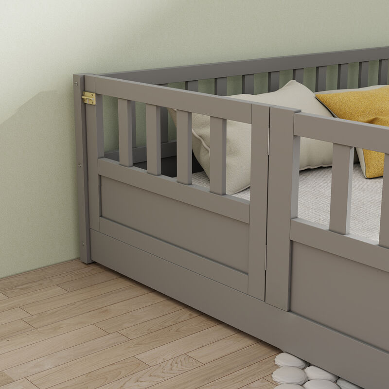 Floor Bed Frame for Kids with High Security Rails and Entry Door