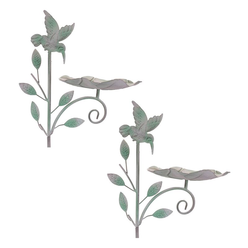 Set of 2 Iron Hummingbird Leaf Bird Feeder Stakes for Garden or Flower Bed Decor