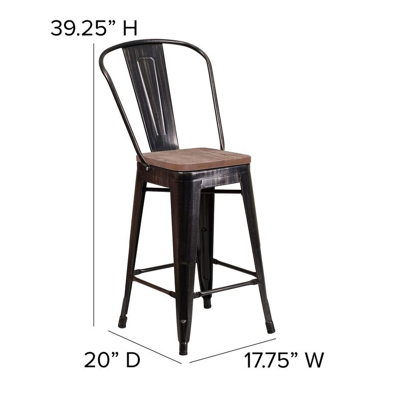 Flash Furniture Lily 24" High Black-Antique Gold Metal Counter Height Stool with Back and Wood Seat image number 3