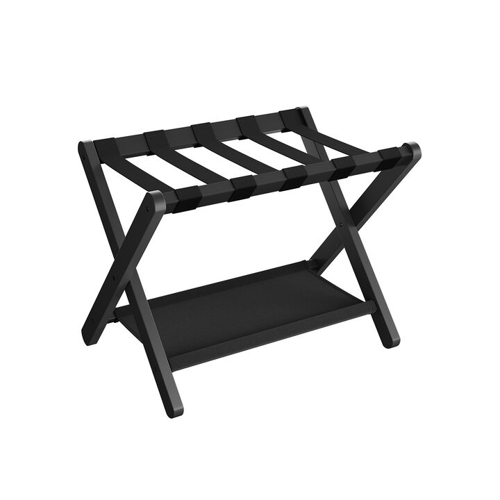 Foldable Suitcase Stand with Shelf – Guest Room Luggage Rack with Strong Nylon Straps