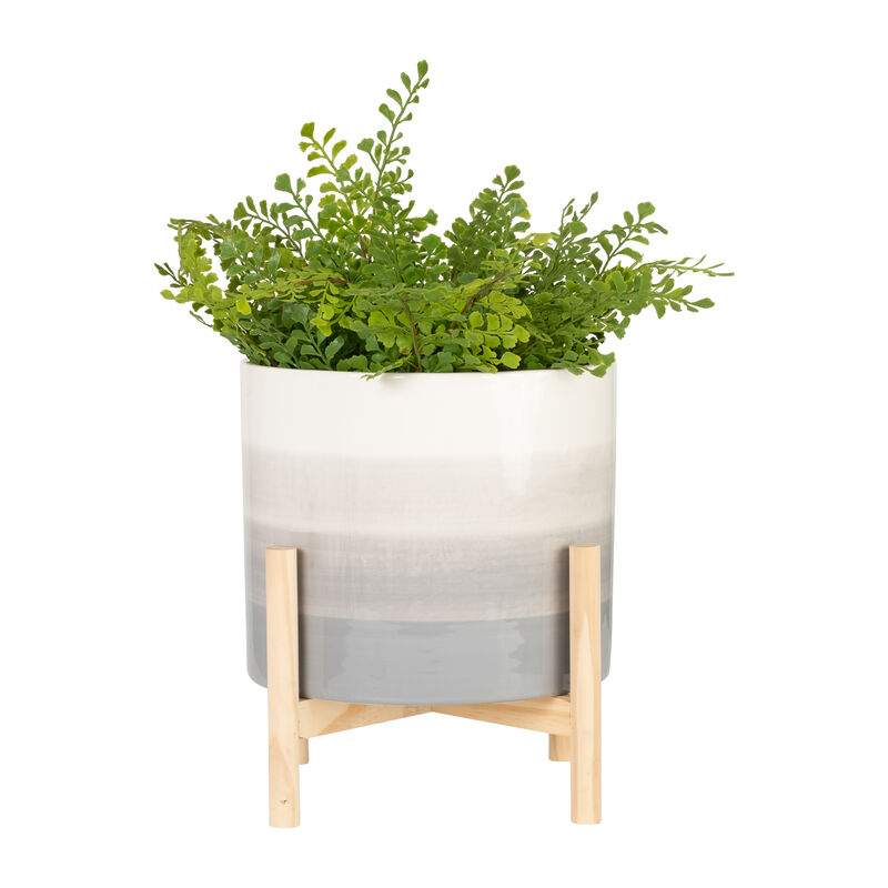 12" Ceramic Planter W/ Wood Stand, Beige Mix image number 3